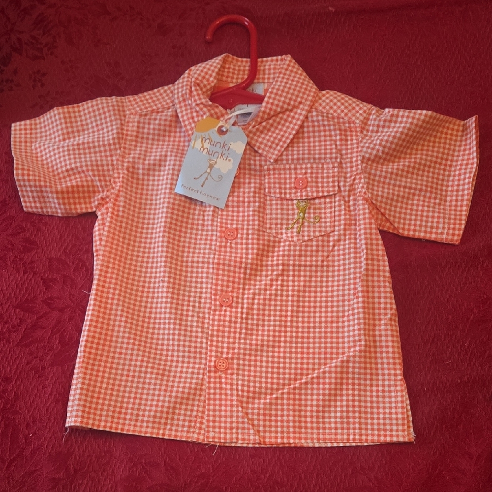 Munchkin Monkey, Orange Gingham Kids Button Down Shirt